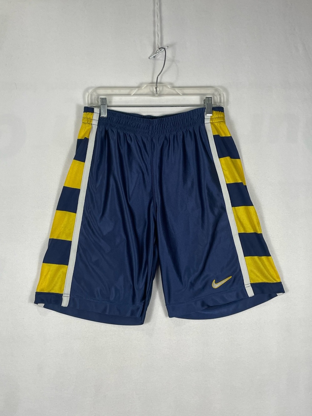 Vintage Nike Silky Basketball Athletic Shorts Striped Yellow Navy 8" Mens Sz S